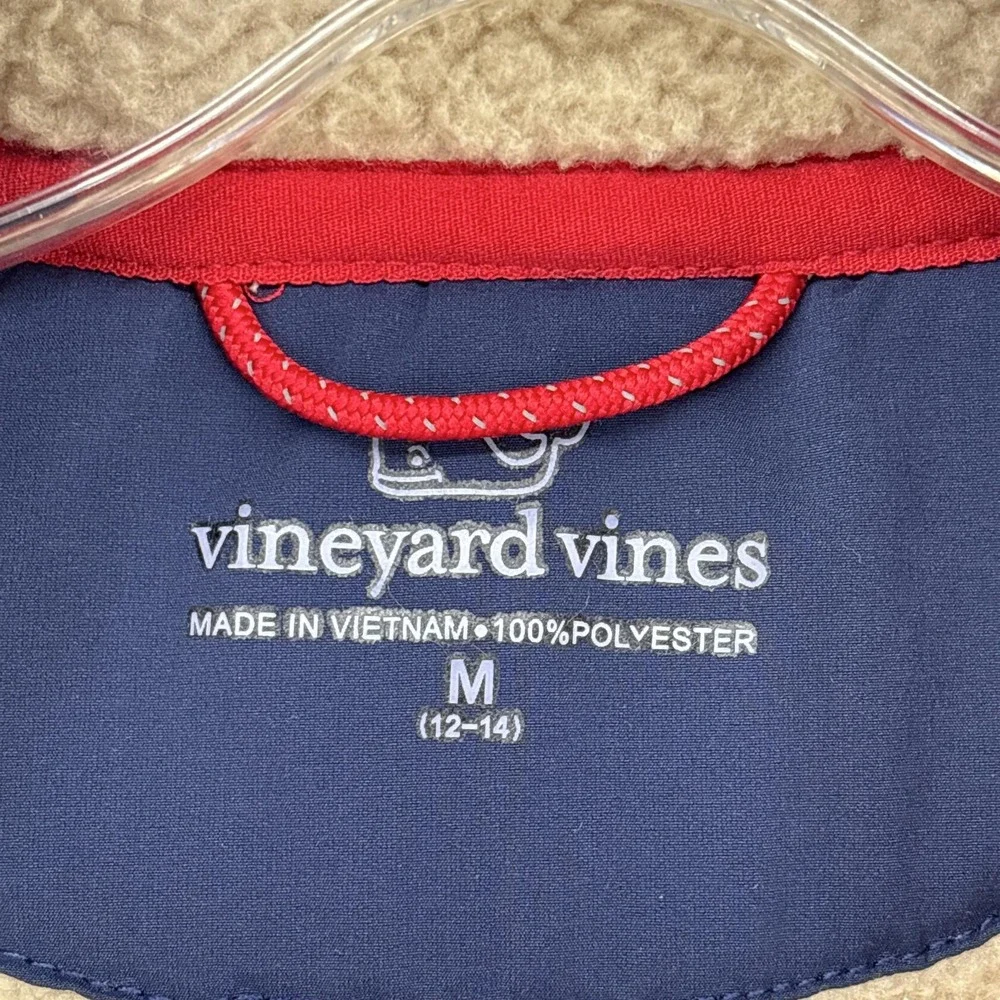 Vineyard Vines Vest Boys 12-14 M Beige Navy Sherpa Fleece Zip Pockets Oatmeal